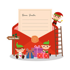 Naklejka premium Cute Christmas elf with big envelope and letter to Santa concept. Flat vector cartoon design