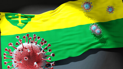 Covid in Zilina Vlajka - coronavirus attacking a city flag of Zilina Vlajka as a symbol of a fight and struggle with the virus pandemic in this city, 3d illustration