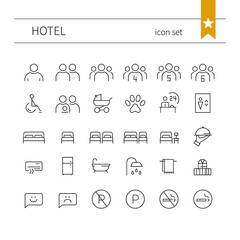 Hotel icons set: different number of guests, types of accommodation, room equipment. Isolated outline vector symbols.