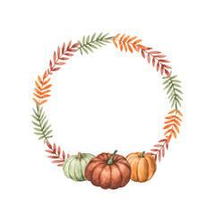 Fall season frame with pumpkin and autumn foliage. Autumn harvest watercolor illustration. Thanksgiving template. Halloween
