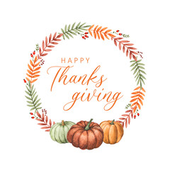 Happy Thanksgiving Day watercolor card. Fall season frame background with pumpkin and autumn foliage