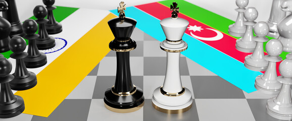 India and Azerbaijan conflict, clash, crisis and debate between those two countries that aims at a trade deal and dominance symbolized by a chess game with national flags, 3d illustration