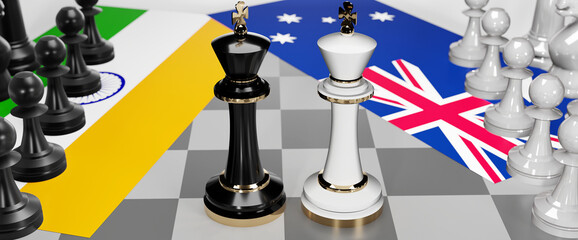 India and Australia conflict, clash, crisis and debate between those two countries that aims at a trade deal and dominance symbolized by a chess game with national flags, 3d illustration