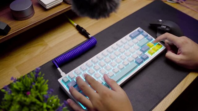 Footage of a person testing the RGB light for custom build mechanical DIY keyboard.