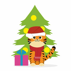 Naklejka premium a little tiger cub on the background of a Christmas tree, color isolated vector illustration in cartoon style