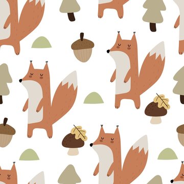 Seamless pattern with cartoon squirrels, tree, mushroom. Forest, vector flat Scandinavian style. animal and nature theme. hand drawing. design for fabric, textile, wrapper