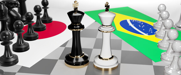 Japan and Brazil conflict, clash, crisis and debate between those two countries that aims at a trade deal and dominance symbolized by a chess game with national flags, 3d illustration