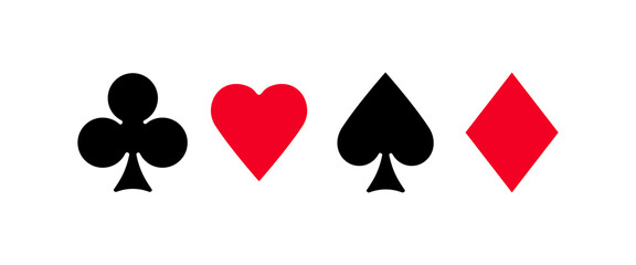 Suits of paying cards in flat design. Vector clubs and diamonds, hearts and spades poker game emblems set. Leisure hobby entertainment gambling game red and black labels