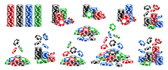 Falling chips and stacks of tokens, playing cards isolated realistic 3D icons set. Vector poker aces clubs and diamonds, hearts and spades, online gaming. Gambling game playing objects