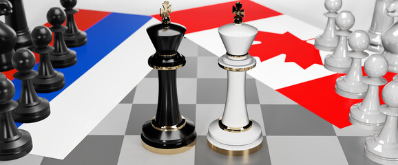 Russia and Canada conflict, clash, crisis and debate between those two countries that aims at a trade deal and dominance symbolized by a chess game with national flags, 3d illustration