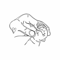 Continuous one line drawing of a love concept family hands mom holds baby in silhouette on a white background. Linear stylized.