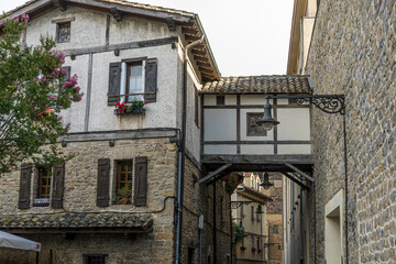 Facade of a medieval building in the center of Pamplona, ​​medieval stone streets, typical and...