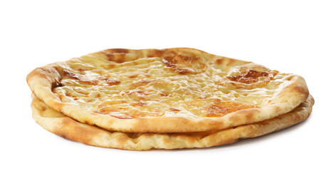 Delicious khachapuri with cheese on white background