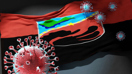 Covid in Zajas Municipality North Macedonia - coronavirus and a flag of Zajas Municipality North Macedonia as a symbol of pandemic in this city, 3d illustration