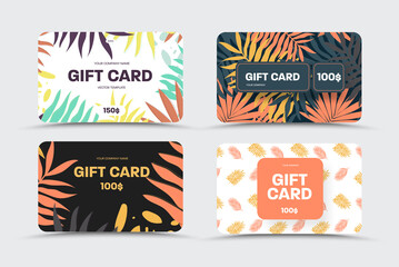 Creative vector gift card with orange, yellow, gray branches, palm leaves, on white, black background.