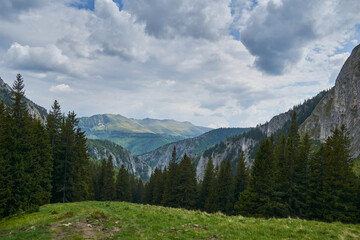 Scorota sheepfold in Retezat mountain with peak forest blue sky