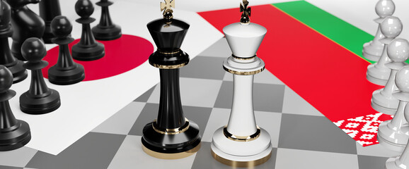 Japan and Belarus conflict, clash, crisis and debate between those two countries that aims at a trade deal and dominance symbolized by a chess game with national flags, 3d illustration