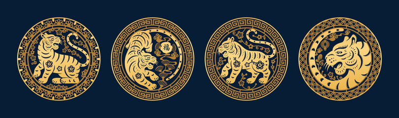 Fototapeta Chinese New Year 2022 symbols, golden tigers with floral arrangements, Character Fu text translation. Vector wild striped cats with flower patterns in round banners, spring festival symbols, CNY signs obraz