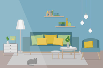 Cozy interior with a sofa, a armchair, pillows, a coffee table, bookshelves, lamps and a cat. Living room interior with furniture. Modern flat style vector illustration. 