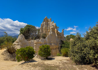 Orgues of Ille sur tet, sand colored basalt column rock formation in Ille-sur-têt near Perpignan, Roussillon, Pyrenees Orientales, France