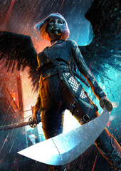 A young girl with two katanas stands in the middle of rainy city on the roof of a building, she is an angel of death in a mask with black wings, she looks into the distance with her own. 3d rendering
