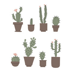 Vector color handdrawn illustration set with cute cactus. Isolated on white background.