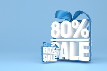 80% sale with bow and ribbon 3d design on empty background