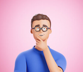 Happy cartoon man touch chin and dreaming planning think about success over pink background.