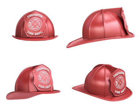 Firefighter red helmet on white background various views 3d rendering