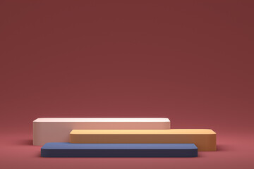 minimal podium or pedestal display on red background for cosmetic product presentation