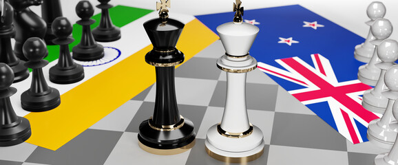 India and New Zealand conflict, clash, crisis and debate between those two countries that aims at a trade deal and dominance symbolized by a chess game with national flags, 3d illustration