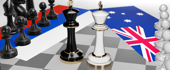 Russia and Australia conflict, clash, crisis and debate between those two countries that aims at a trade deal and dominance symbolized by a chess game with national flags, 3d illustration