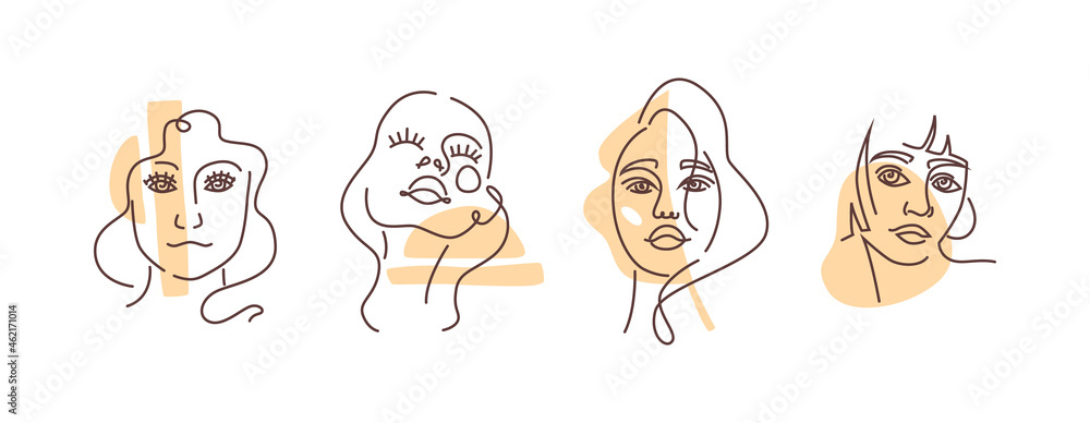 Poster ladies heads creative thin line portraits in abstract doodle style, sketches set. vector modern face