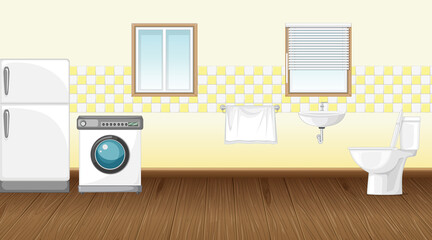 Scene with washing machine and refrigerator in the toilet