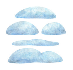 A set of winter watercolor elements in blue. Snow, snowdrift, frozen surface for your design. Decorative clipart set for the design of the nature of the cold season or the northern landscape