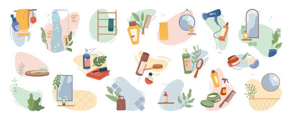 Hair care products set isolated flat cartoon icons. Vector bathroom shower, towel and haircare accessories, shampoo and essential oil, comb brush, mirror and natural herbs plants cosmetics ingredients
