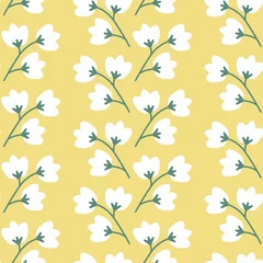 Tragetasche Vektor Fröhliche Maiglöckchen auf gelbem Hintergrund mit nahtlosem Muster. Perfekt für Scrapbooking, Stoffe, Tapeten und Webdesigns. © Aga Bell