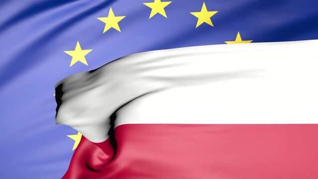 European union and Flag of the Republic of Polands. Concept of Polexit or Poland leaving tue EU.