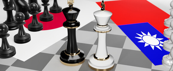 Japan and Taiwan conflict, clash, crisis and debate between those two countries that aims at a trade deal and dominance symbolized by a chess game with national flags, 3d illustration