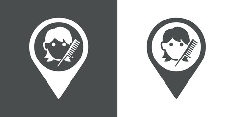 Símbolo peluquería. Icono plano con silueta de peine y cara de mujer en marcador de posición en fondo gris y fondo blanco