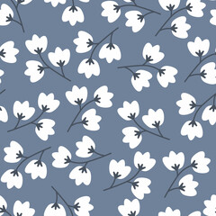 Vector Lilies of the valley on Blue seamless pattern background. Perfect for scrapbooking, fabric, wallpaper, and web designs.