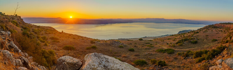 Panoramic sunset view of the Sea of Galilee