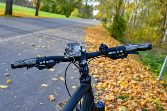 bicycle parked on bicycle path with autumn leaves