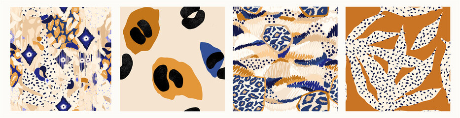 Hand drawn boho trendy abstract pattern set. Fashionable template for design. Modern cartoon style. Leopard and floral prints.  Warm colors. © Irina
