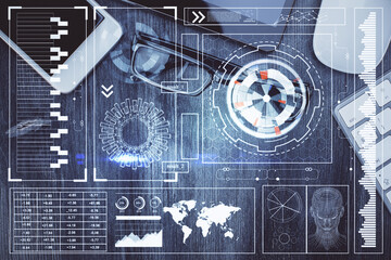 Multi exposure of technology theme drawing over work table desktop. Top view. Global data analysis concept.