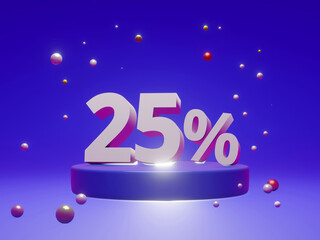 The podium shows up to 25% off discount concept banners, promotional sales, and super shopping offer banners. 3D rendering.