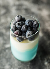 Fototapeta na wymiar Dessert with yogurt and blueberry in glass on the dark rustic background. Selective focus. Shallow depth of field.
