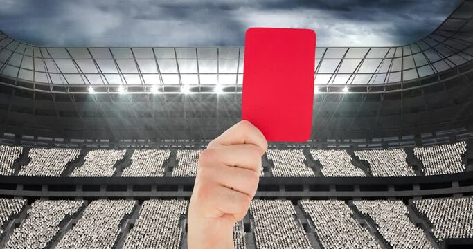 Animation of referee holding red penalty card over sports stadium