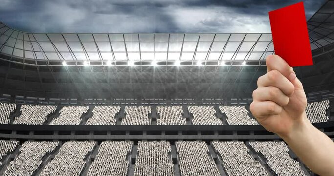 Animation of referee holding red penalty card over sports stadium