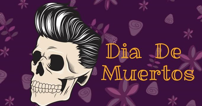 Animation of dia de los muertos and skull with hair on purple background